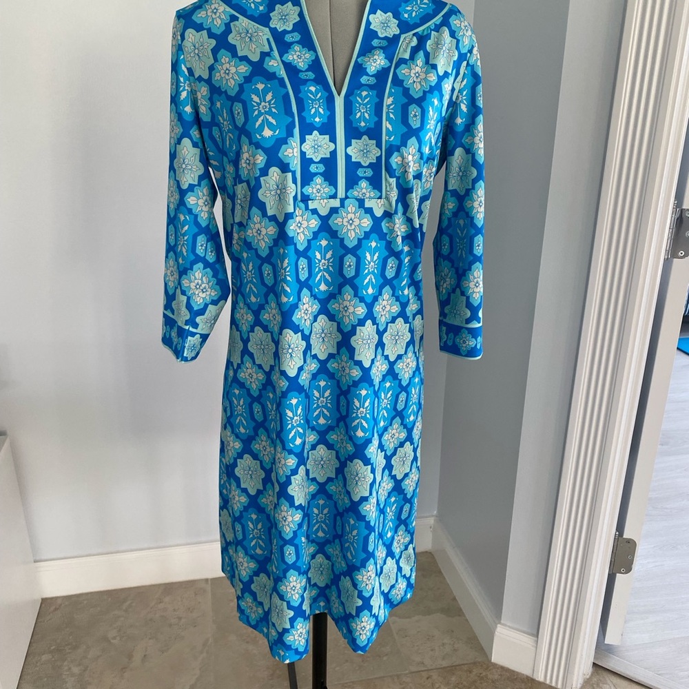 Gretchen Scott Blue Geometric Print Split Neck Dress Size XS